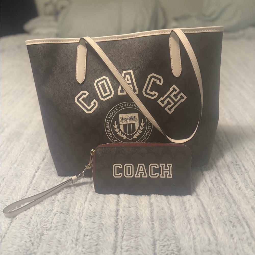 Coach Dark Brown Tote Bag and Wallet Set
